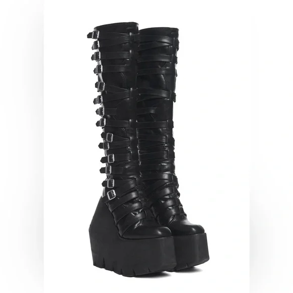 Gothic Black Buckle Strappy Monster Wedge Knee High Platform Boots - 9 - Picture 3 of 17